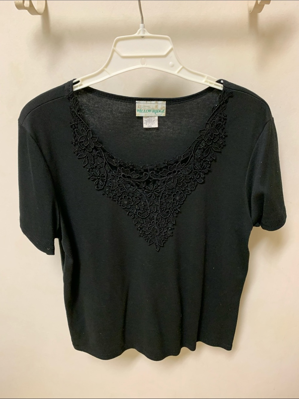 Willow Ridge Black Short Sleeve Top with Floral Lace V-Front